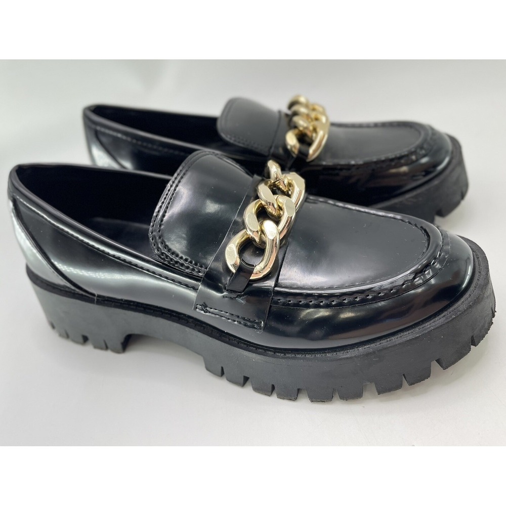 Guess Black Loafers with Gold Chain Detail